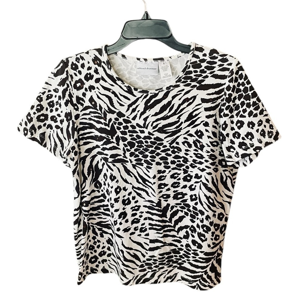 Alfred Dunner short sleeve animal print sequin stretch top SZ S white brown